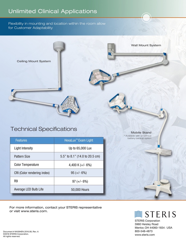 Eclairage STERIS d'examen HexaLuxTM version murale (EXLCEIL) - Delynov