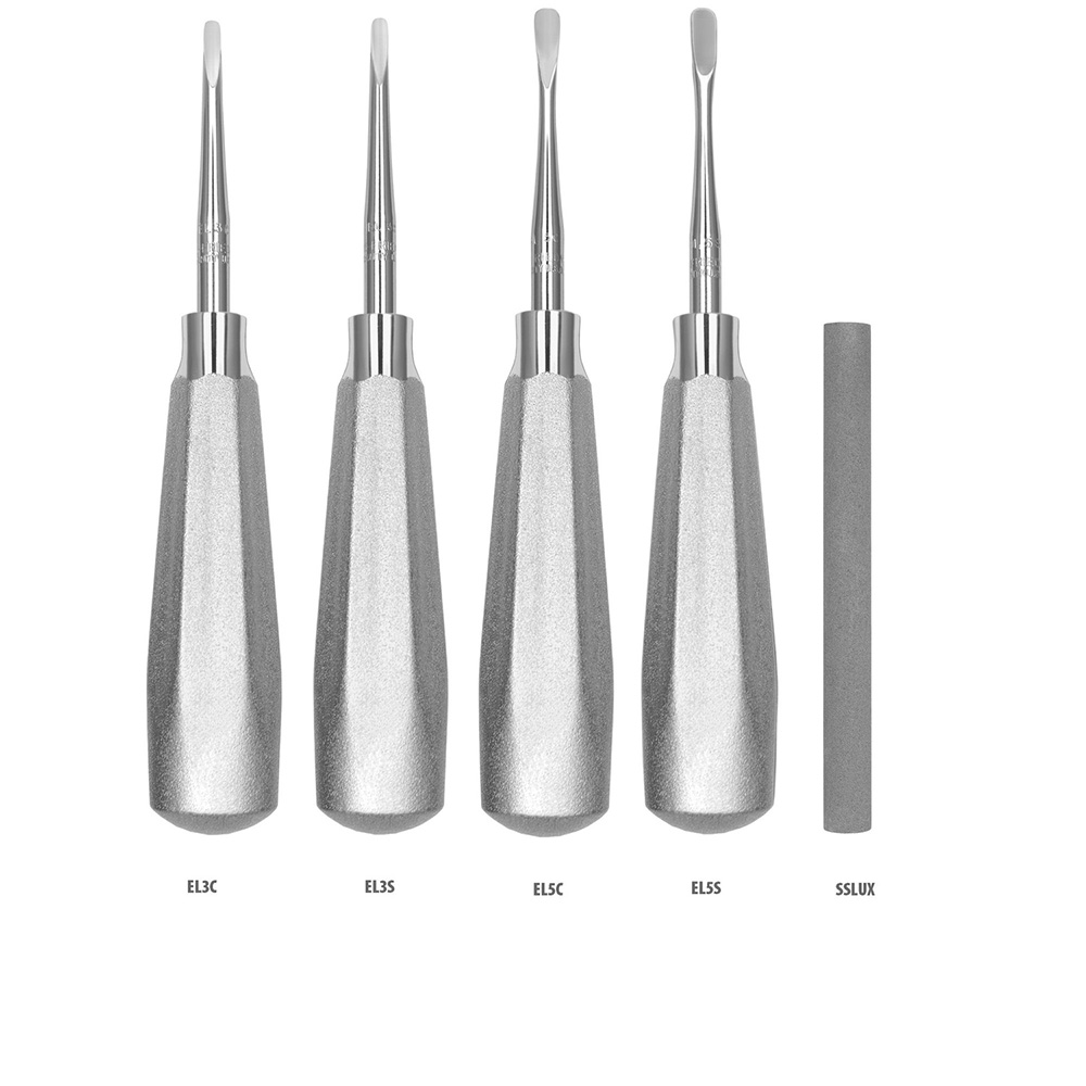 Jeu d'instruments luxateurs avec manche Num 510, comprenant 4 luxateurs et une pierre - Hu-Friedy - Delynov