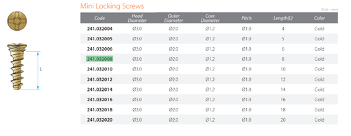 [241.032008] Mini Self Tapping Locking Gold OD - 2.0 L - 8 - JEIL Medical (241.032008) - Delynov