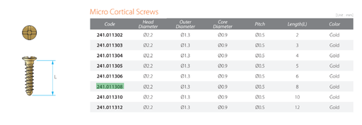 [241.011308] Micro Self Tapping Gold OD - 1.3 L - 8 - JEIL Medical (241.011308) - Delynov