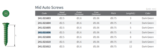 [241.021606] Sure, the product title translated into US English for your Delynov website would be: Green Self-Drilling Dental Implant, Diameter 1.6mm, Length 6mm - JEIL Medical (241.021606)